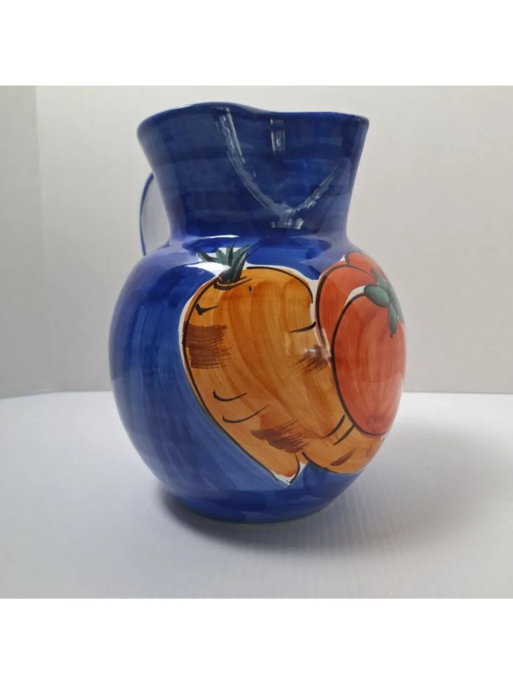 PIER 1 HANDPAINTED ITALIAN CERAMIC PITCHER/JUG VIBRANT COLORS VEGETABLE PATTERN